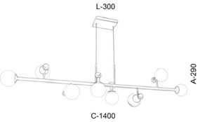 Pendente Retangular Detalhe Madeira 140X30X29Cm Metal E Globo Ø10Cm 08... (BRANCO / COBRE BRILHO, FOSCO (BRANCO))