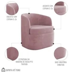 Poltrona Giratória Decorativa para Sala Dandara Z08 Veludo Rosê - Mpoz