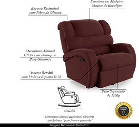 Poltrona do Papai Sala de Cinema Reclinável Kylie Glider Manual Giratória Veludo Vinho G23