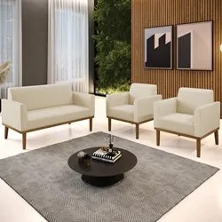 Sofá Namoradeira e 2 Poltronas Base Madeira Castanho Maressa Sintético