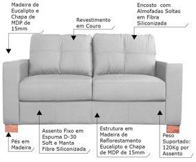 Sofá 2 Lugares Sala de Estar Pés Madeira kenny 160 cm Couro Cinza G43 - Gran Belo
