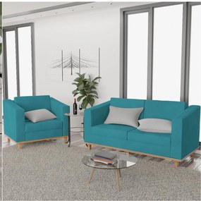 Kit Sofá 2 Lugares e Poltrona Europa Suede Azul Turquesa ADJ Decor