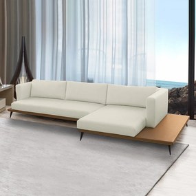 Sofá Sala de Estar Living Design Moderno 350cm Mesa Lateral Pés de Ferro Manacor Linho e PU Bege/Caramelo Manchado G93 - Gran Belo