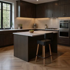 Banqueta Alta Cozinha 70cm Encosto Pé Madeira Barcelona PU Preto S02 - D'Rossi