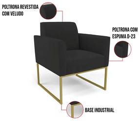 Kit 2 Poltronas Base Industrial Dourado Marisa Veludo D03 - D'Rossi - Preto