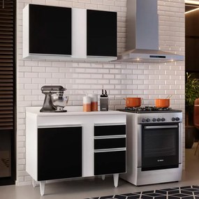 Kit Armário Aéreo e Balcão de Cozinha Lavanderia Aurora com Tampo 100cm L06 - D'Rossi  - Branco e Preto