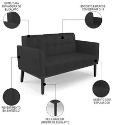 Sofá Namoradeira e 1 Poltrona Base Madeira Preto Ana Sintético Preto -