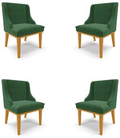 Kit 4 Cadeiras Decorativas Sala de Jantar Base Fixa de Madeira Firenze Veludo Verde Esmeralda/Castanho G19 - Gran Belo