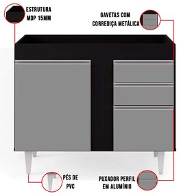 Balcão de Cozinha Lavanderia sem Tampo 02 Gavetas Bia 100 cm L06 - D'Rossi - Preto e Cinza