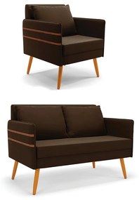 Kit 1 Namoradeira 02 Lugares e 1 Poltrona Mari Suede Marrom Pés Palito Castanho - D'Rossi