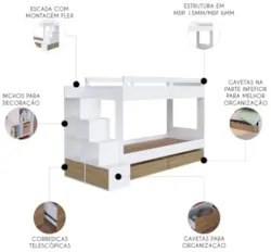 Beliche Infantil Com Escada e 4 Gavetas Infix C06 Branco/Aveiro - Mpoz