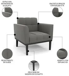 Poltrona Decorativa Base Madeira Preto Ana Suede Grafite - Ibiza