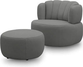 Conjunto Sala de estar Decorativo Mariele Poltrona Base Giratória em Aço com Puff Couro Grafite G88 - Gran Belo