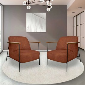 Kit 2 Poltronas Sala de Estar Pés em Ferro Preto Braço Madeira Maciça 86cm Thane Bouclê Terracota G63 - Gran Belo