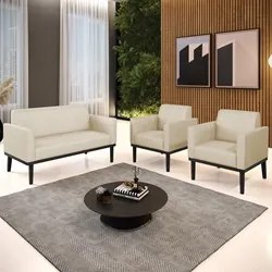 Sofá Namoradeira e 2 Poltronas Base Madeira Preto Maressa Veludo Luxo