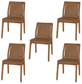 Kit 5 Cadeiras Decorativas Sala de Jantar Madeira Maciça Bruyne PU Sintético Marrom G13 - Gran Belo