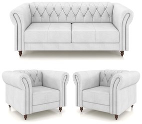Conjunto Sala de Estar 1 Sofá Living 200cm e 2 Poltronas Stanford Chesterfield Pés Madeira Couro Branco G58 - Gran Belo