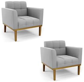 Poltrona Sala Decorativa Kit 2 Elisa Base de Madeira Castanho Suede D03 - D'Rossi - Cinza