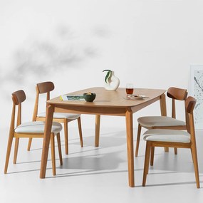 Conjunto Mesa de Jantar Lalá Retangular Carvalho Americano - 1,60mx90cm + 4 Cadeira Nord Encosto Madeira Texture - Off White