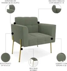 Poltrona Para Sala Pé Metal Dourado Kit 2 Ana Bouclé Menta - Ibiza