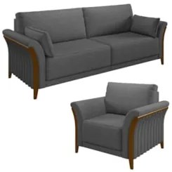 Kit Sofá Living 3 Lugares e Poltrona 102cm Pés Madeira Roya Z32 Linho