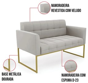 Kit 1 Sofá Namoradeira e 1 Poltrona Elisa Veludo Base Metálica Industrial Dourado D03 - D'Rossi - Cinza