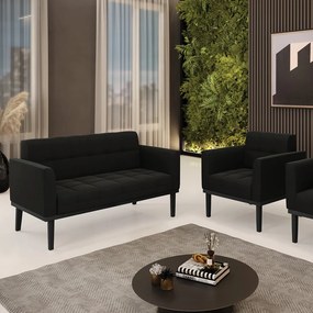 Sofá Namoradeira e Poltrona Base de Madeira Preto Elisa Suede D03 - D'Rossi - Preto