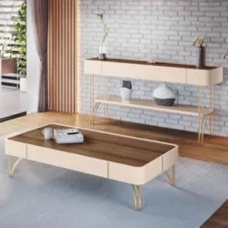 Aparador Para Sala Gianni e Mesa Alane H01 Off White/Castanho - Mpozen