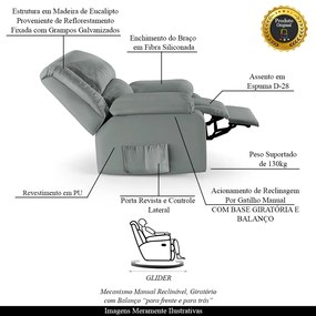 Poltrona do Papai Reclinável Sala de Cinema Madrid Glider Manual Giratória PU Cinza  G23