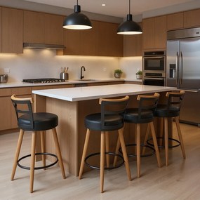 Banqueta Alta Cozinha 70cm Encosto Pé Madeira Kit 4 Kyara Pu S02 - D'Rossi - Preto