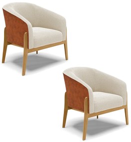 Poltrona Decorativa Base Madeira Kit 2 Stella PU Nozes/Bouclê D03 - D'Rossi - Bege
