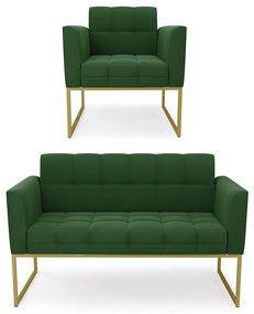 Kit 1 Sofá Namoradeira e 1 Poltrona Elisa Suede Verde Base Metálica Industrial Dourado - D'Rossi
