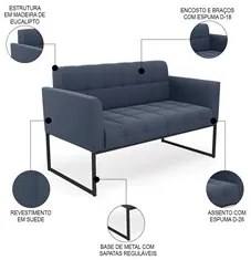 Sofá Namoradeira e 2 Poltronas Base Industrial Preto Ana Suede Azul Ma