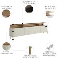 Rack TV 75 Pol 220cm Portas Lisas Blen Louro/Luna/Dourado I06 - Mpozen