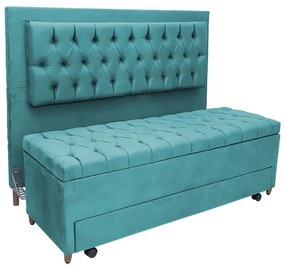 Cabeceira com Calçadeira Baú Casal King 195cm Paris Capitonê Suede Turquesa - Sheep Estofados - Água