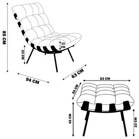 Poltrona e Puff Decorativos Sala de Estar Costela Couro Branco G34 - Gran Belo