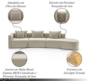 Sofá Curvo Decorativo Kimiko 427Cm 6 Lugares Sala de Estar com Chaise Veludo Bege G52 - Gran Belo