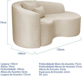 Kit Recamier Curvo Sala de Estar Inglaterra 150cm Lado Direito e 2 Poltronas Orgânica Luxo Luiza Max Bouclé