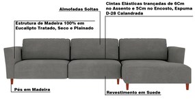 Sofá 330cm com Chaise Direita Franz Suede Grafite G52 - Gran Belo