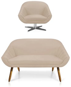 Kit 01 Namoradeira 02 Lugares e 01 Poltrona Giratória Giovana Suede Base Cromada - D'Rossi - Bege