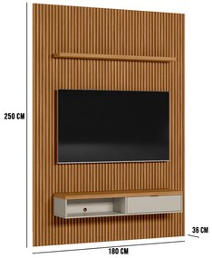 Painel para TV até 75 Polegadas Ripado Marisa com Nicho Bancada Nature e Off White 180x250 cm L04 - D'Rossi
