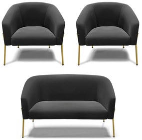 Namoradeira e 2 Poltronas Pé de Ferro Dourado Stella Suede D03 - D'Rossi - Preto