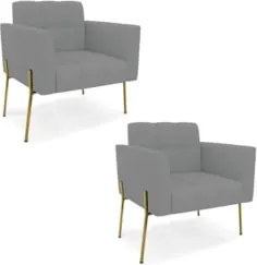 Poltrona Para Sala Pé Metal Dourado Kit 2 Ana Linho Grafite - Ibiza