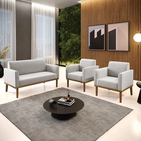 Sofá Namoradeira com 2 Poltronas Base de Madeira Fixa Castanho Marisa Veludo - Cinza