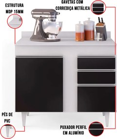 Balcão de Cozinha Lavanderia com Tampo 02 Gavetas Bia 100 cm L06 - D'Rossi - Branco e Preto