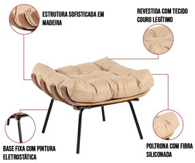 Puff Costela Couro Bege Base Metálica Preto - D'Rossi