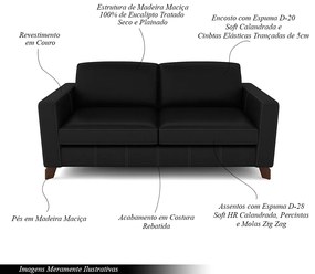 Sofá Sala de Estar Living 3 Lugares 220cm Presley Pés Madeira Couro Preto G52 - Gran Belo