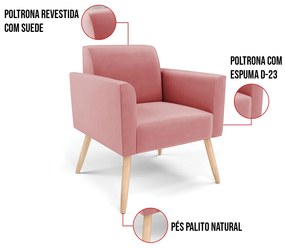 Poltrona Pés Palito Natural Marisa Suede - Rose