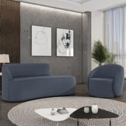 Sofá 2 Lugares 140cm Wendi e Poltrona Steve Suede Azul Marinho I01  -