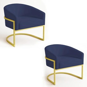 Poltrona Sala Decorativa Industrial Dourada Kit 2 Arielle Suede D03 - D'Rossi - Azul Marinho